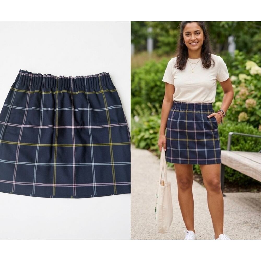 J. Crew Navy Plaid Wool Blend Mini Skirt Size 10 Elastic Waist Pockets Y2K